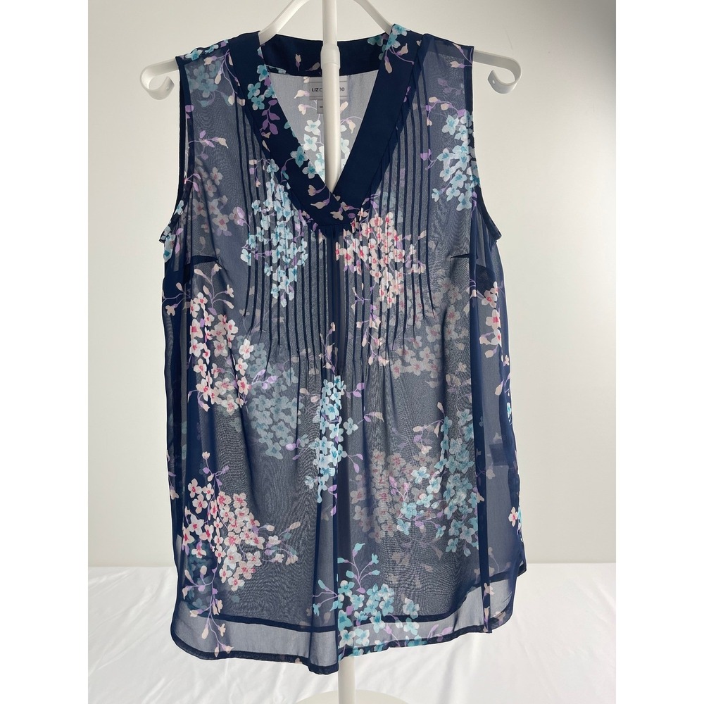 Liz Claiborne Navy Blue Floral Sheer Pintuck V-Neck Sleeveless Blouse Small